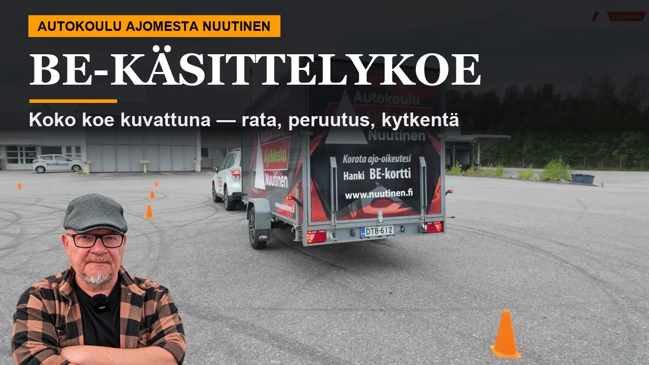 BE-käsittelykoe: auto ja perävaunu kartioradalla