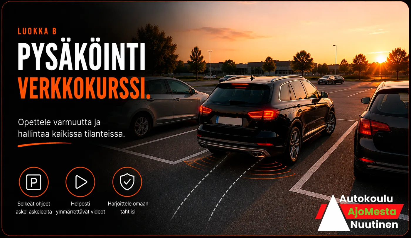 Pysäköinti-valmennus — ruutuun, vinoon ja taskuun