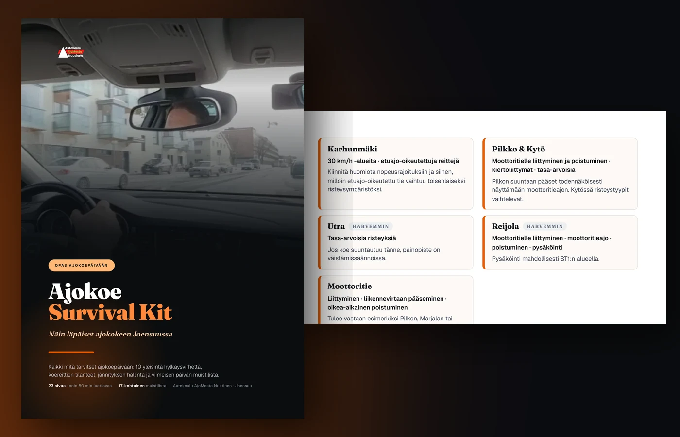 Ajokoe Survival Kit -opas: kansi ja Joensuun koereittisivu